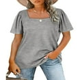 thumbnail image 1 of Womens Summer Casual Tops  Solid Color/Striped Print Short Sleeve Square Neck Simple Loose T-shirt, 1 of 5
