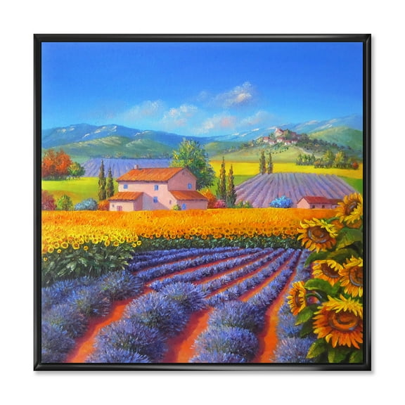 Designart 'Sunflower and Lavender Fields' Traditional Framed Canvas Wall Art Print