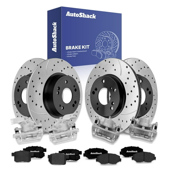 AutoShack Front Vented & Rear Solid Drilled & Slotted E-Coated Brake Rotors   Ceramic Pads   Calipers 16-PC Brake Kit Replacement for 2013-2017 Honda Accord ShadowGuard