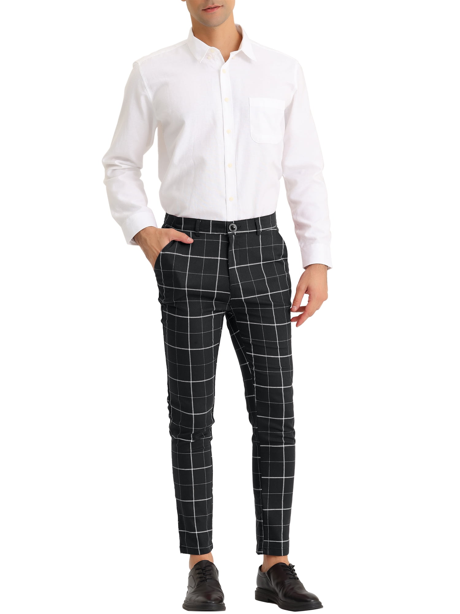 Unique Bargains Men's Plaid Slim Fit Dress Pants with Pockets