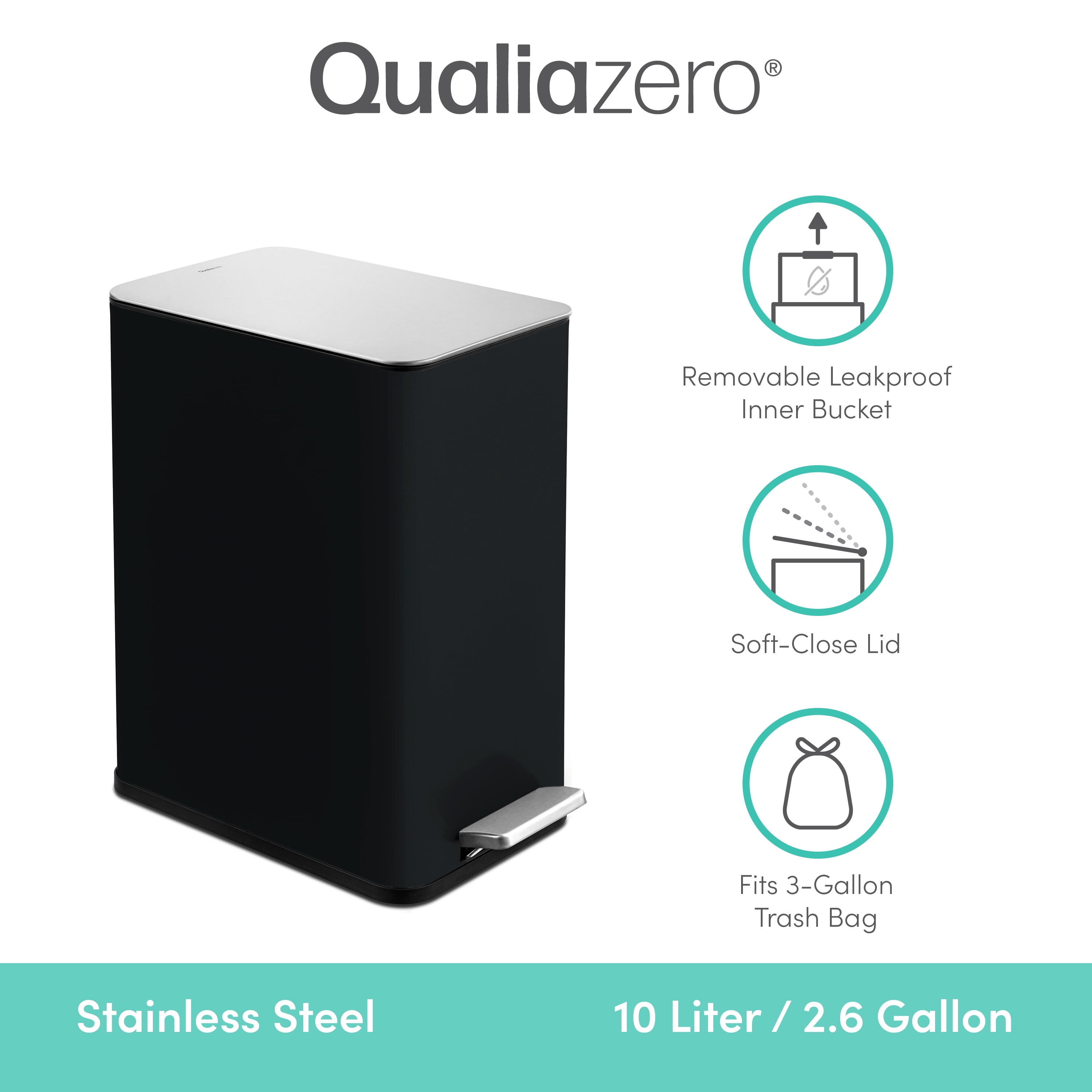 Qualiazero 2.6 gal Stainless Steel Step On Bathroom Trash Can, Black