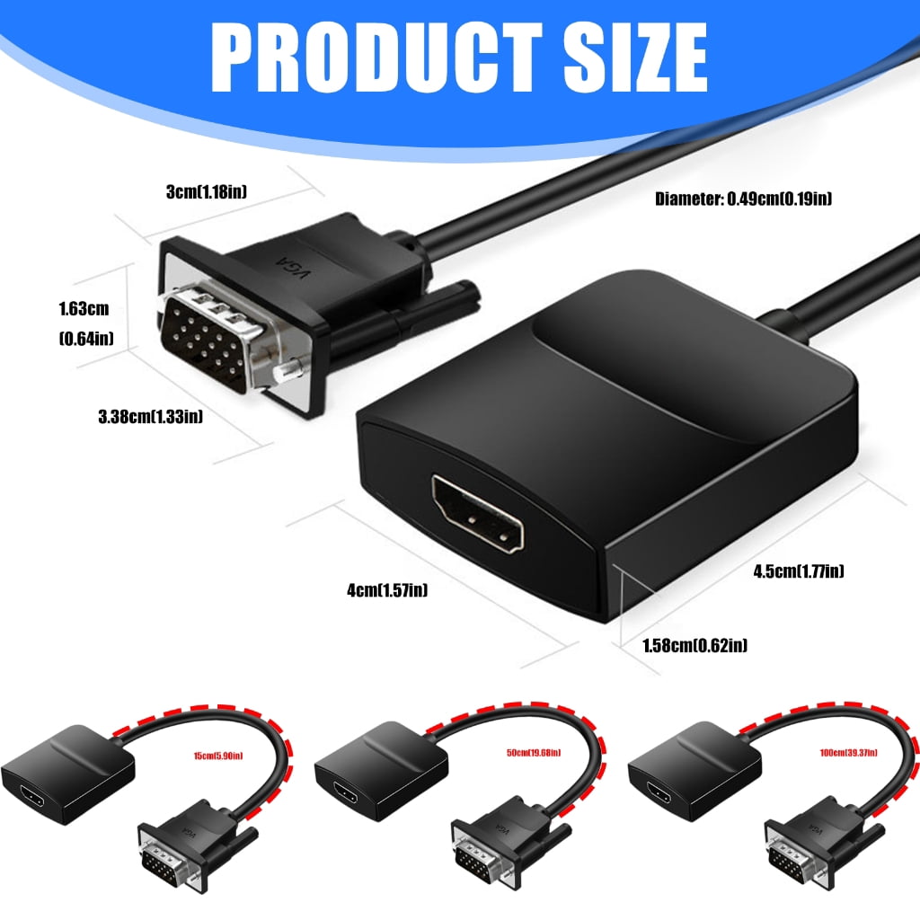VGA Male to HDMI Female Adapter Cable - 1080P with 3.5mm Audio
