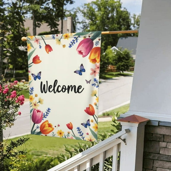 Welcome Garden Flag Colorful Tulips Flower Butterfly Plant Watercolor 12X18 Inch Garden Flag For Outside Summer Festive Holiday Yard Outdoor Decorative Yard Flag