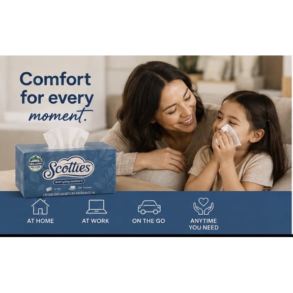 Scotties Everyday Comfort Facial Tissues, 120 Tissues Per Box, 2‑Ply, Fragrance-Free