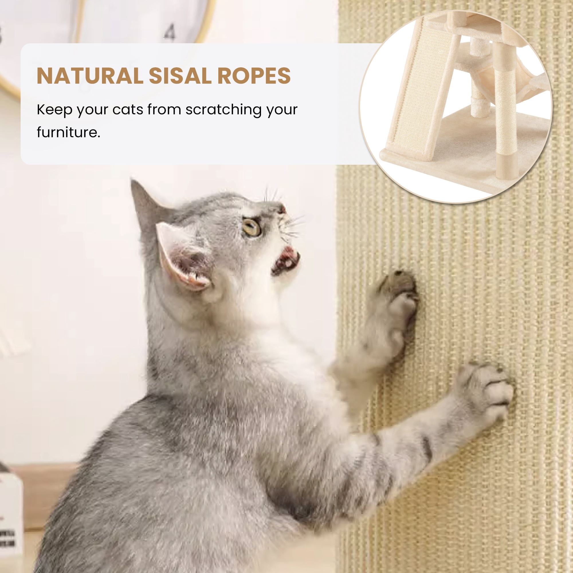 Merrland 65.7 " Large Cat Tree Tower Condo for Cats with 2 Scratching Ramps, Hammock & Scratching Posts, Beige