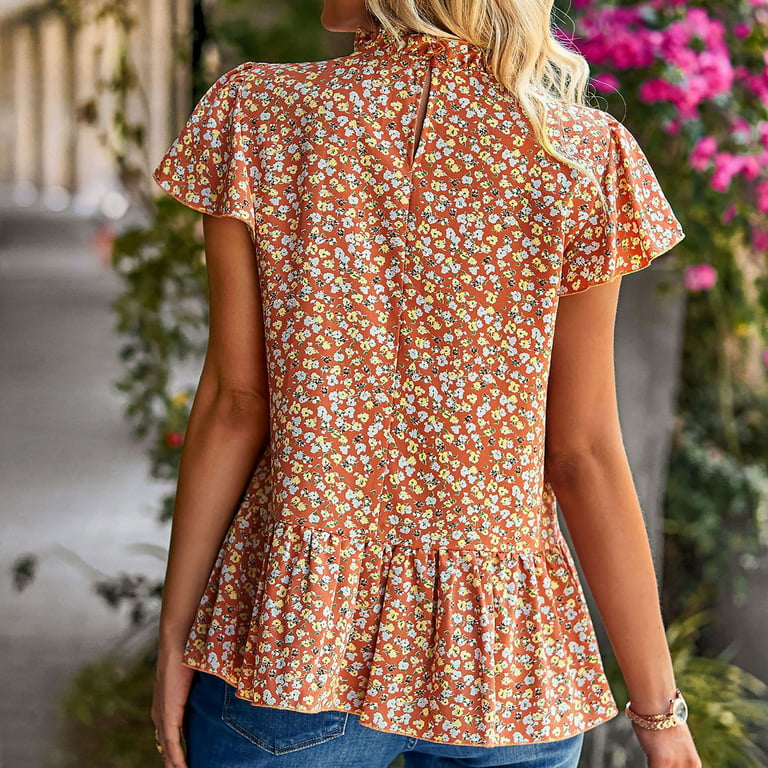Hej hej kompression modbydeligt RQYYD Women's Summer Boho Shirt Top Ruffle Short Sleeve Frill Trim Mock  Neck Floral Print 2023 Casual Blouses Shirts Casual Ruffle Hem Tops(Orange,M)  - Walmart.com