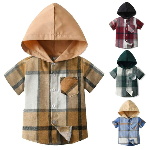 Zwiiyzr Toddler Baby Boys Hooded Button Down Shirt Summer Short Sleeve Plaid Shirts (3M-6T) Brown