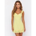 thumbnail image 4 of Vestido corto de verano para mujer, color liso, ribete de encaje, mangas acampanadas, escote en V, corte en A., 4 of 9