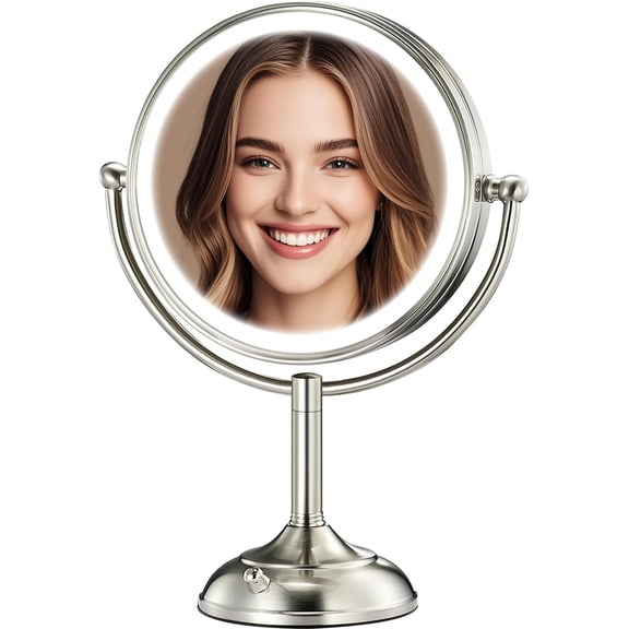 2025 9" Large 5000mAh Rechargeable Lighted Makeup Mirror Nickel, 1X/10X/20X HD Magnifying Mirror with Compact Suction Mirror, 3 Color Dimmable light, 360°Swivel Seamless Vanity Mirror, Gift Box