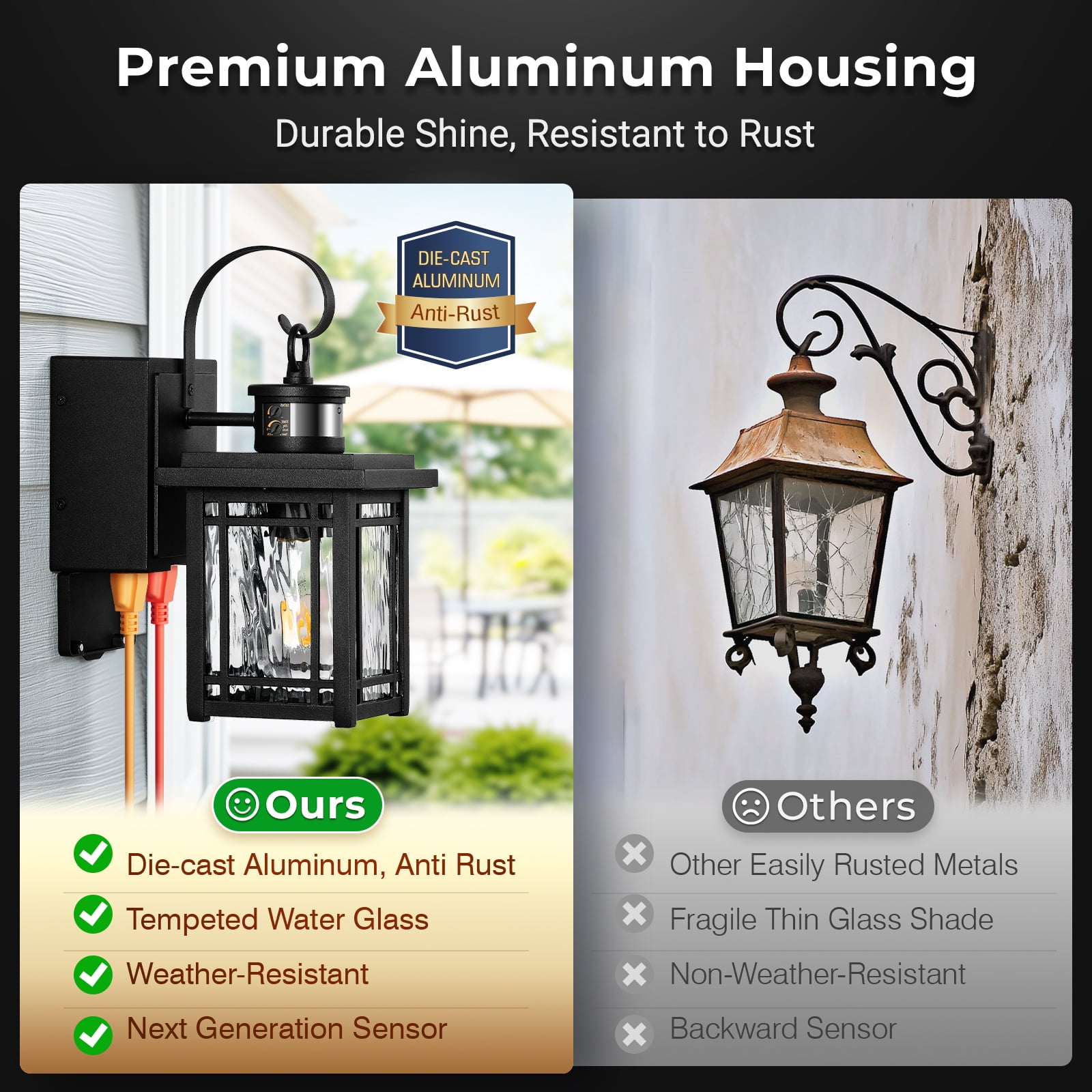 OPAXIS Led Porch Light with GFCI Outlet, Motion Sensor Outdoor Light Fixtures Wall Mount, Black Carriage Lights Exterior with Ripple Glass, Anti-Rust Outside Garage Lights for Patio, Front Door
