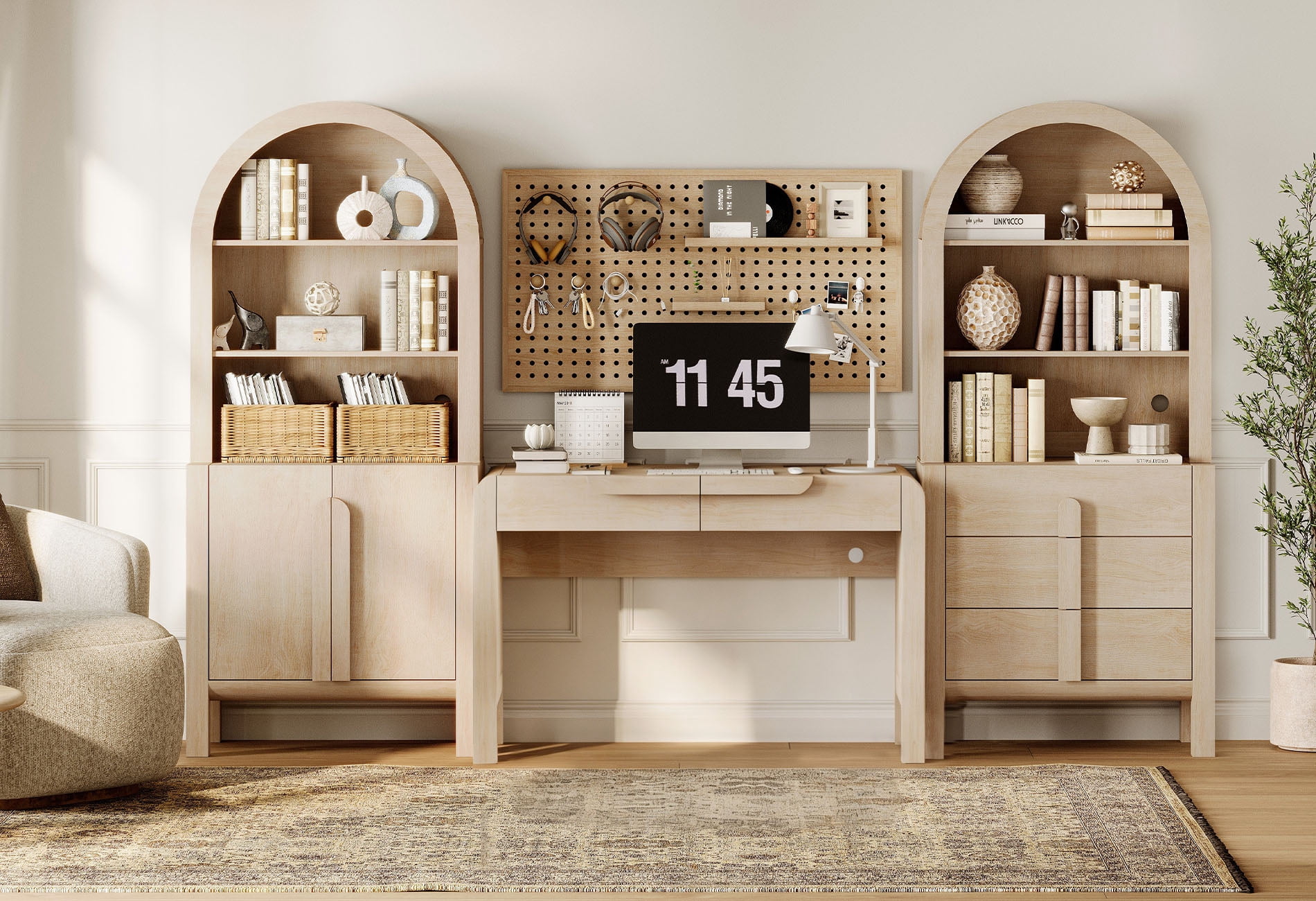 Modern Home Office Set, 47" Modern Executive Desk with Charging Station and Drawers & 2 Piece 71"H Tall 8-Tier Arched Bookcases with Cabinet for Living Room, Bedroom, Home Office