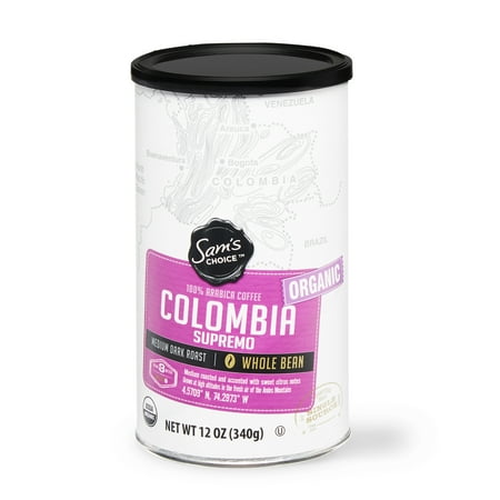 Roasted Whole Bean Sam's Choice Organic Colombia Supremo Coffee, Medium Dark Roast, Whole Bean, 12 oz ()