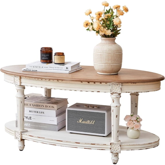 39" Distressed Oval Coffee Table, Two-Tier Shabby Chic Design with Spindle Legs, Cream and White Finish