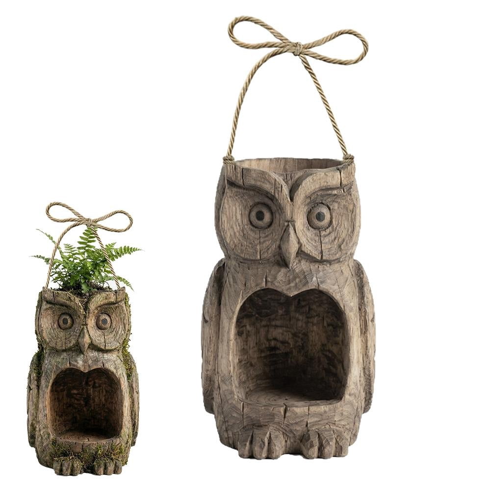 Resin Owl Bird Feeder for Outdoor Garden - Realistic Wood-Look Decorative Wildlife Feeding Station - Weatherproof Hanging Birdfeeder for Backyard & Patio