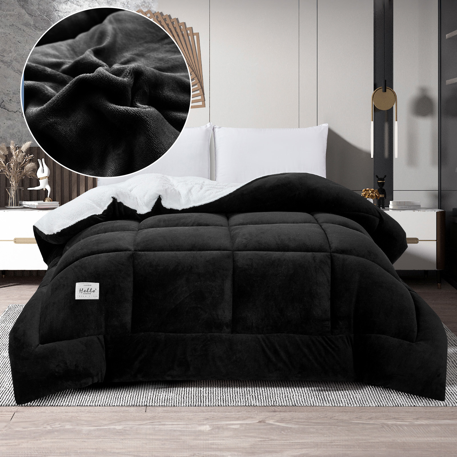 WOOW DEPOT Sherpa Fleece Queen Comforter Reversible, 1 PCS, Heavy 7.5lbs Quilted Bedding Warm Cozy Machine Washable, Black