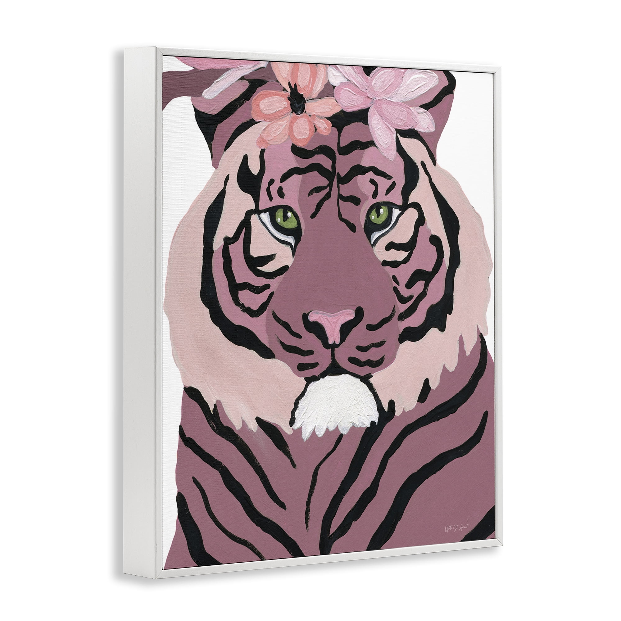 Stupell Industries Tiger with Pink Blooms Animals & Insects Painting White Framed Art Print Wall Art, 11 x 14