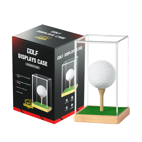 Golf Ball Display Case, Clear Acrylic Stand with Wooden Base & Tee, Realistic Grass, Dust-Proof Single Ball Storage, Natural Wood, 1 pack