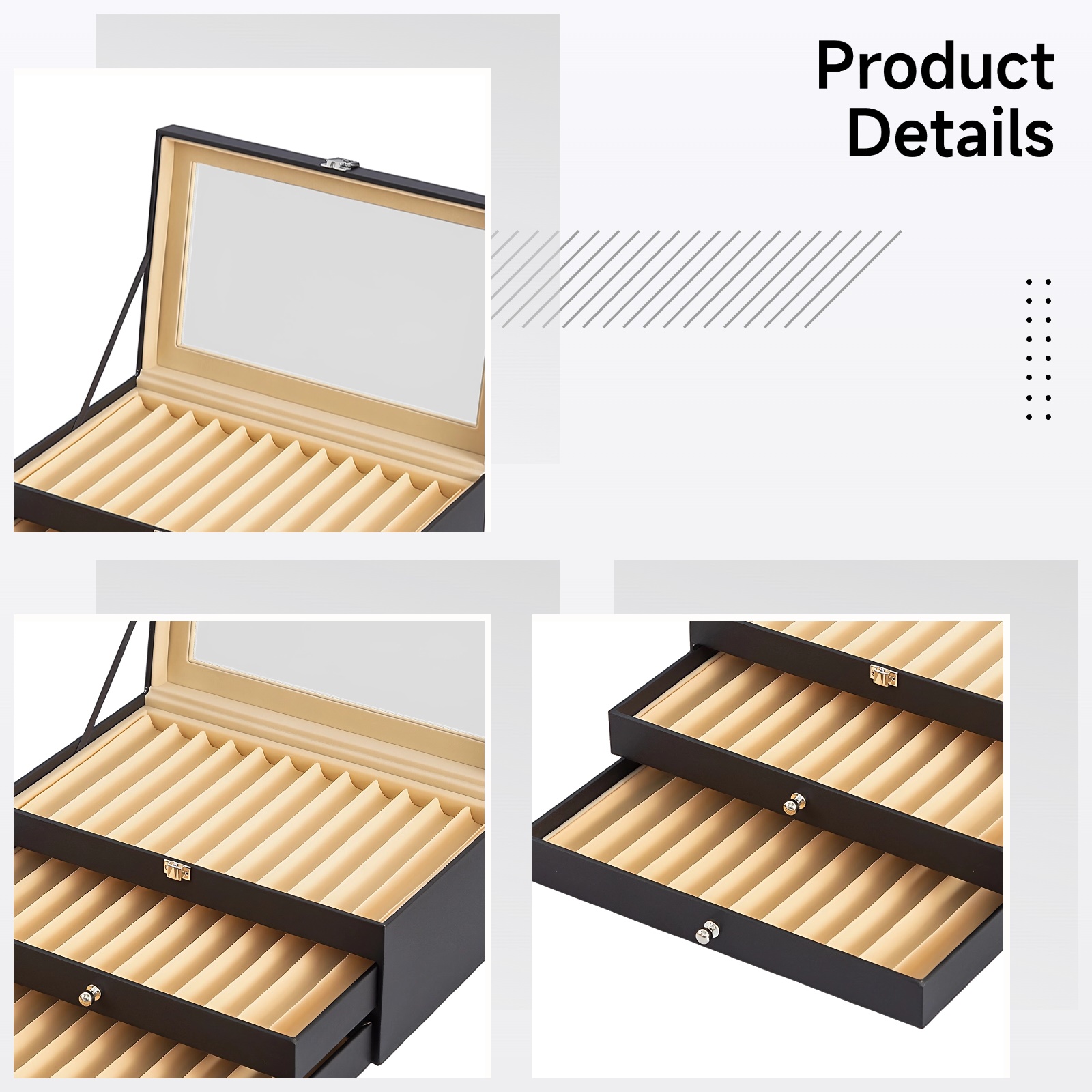 Pen Organizer Storage Display Box, Vintage PU Leather Pen Case, 36 Pen Slots with Soft Cushion, Mirror Top, Secure Metal Lock, Ideal for Collectors and Gift Purposes