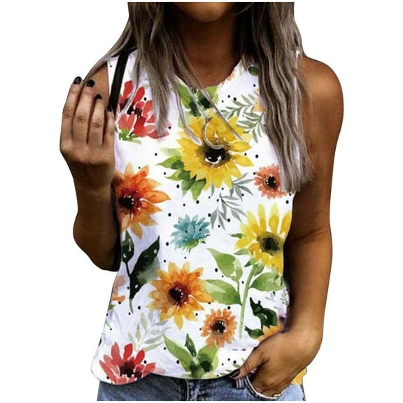 USSUMA Cute Loose Workout Tank Vest Summer Tops for Women 2022 Trendy Floral Print Womens Tunic Tops Crewneck Basic Shirts Tees Sleeveless Dressy Blouses for Women