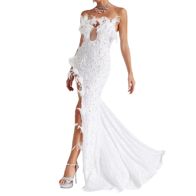 Vestido largo sin tirantes Bella Barnett con lentejuelas y plumas blancas y perlas