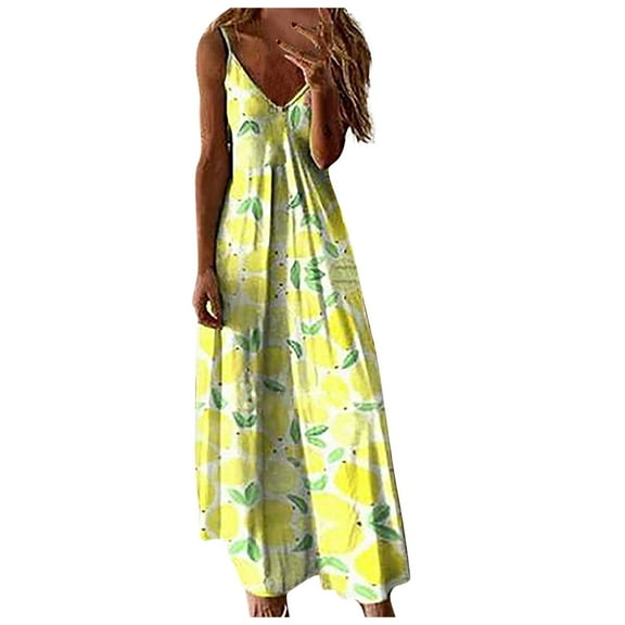 Pejock Summer Dresses for Women 2023 Printed V-Neck Sleeveless Suspenders Dress Yellow XXL (US Size:12)