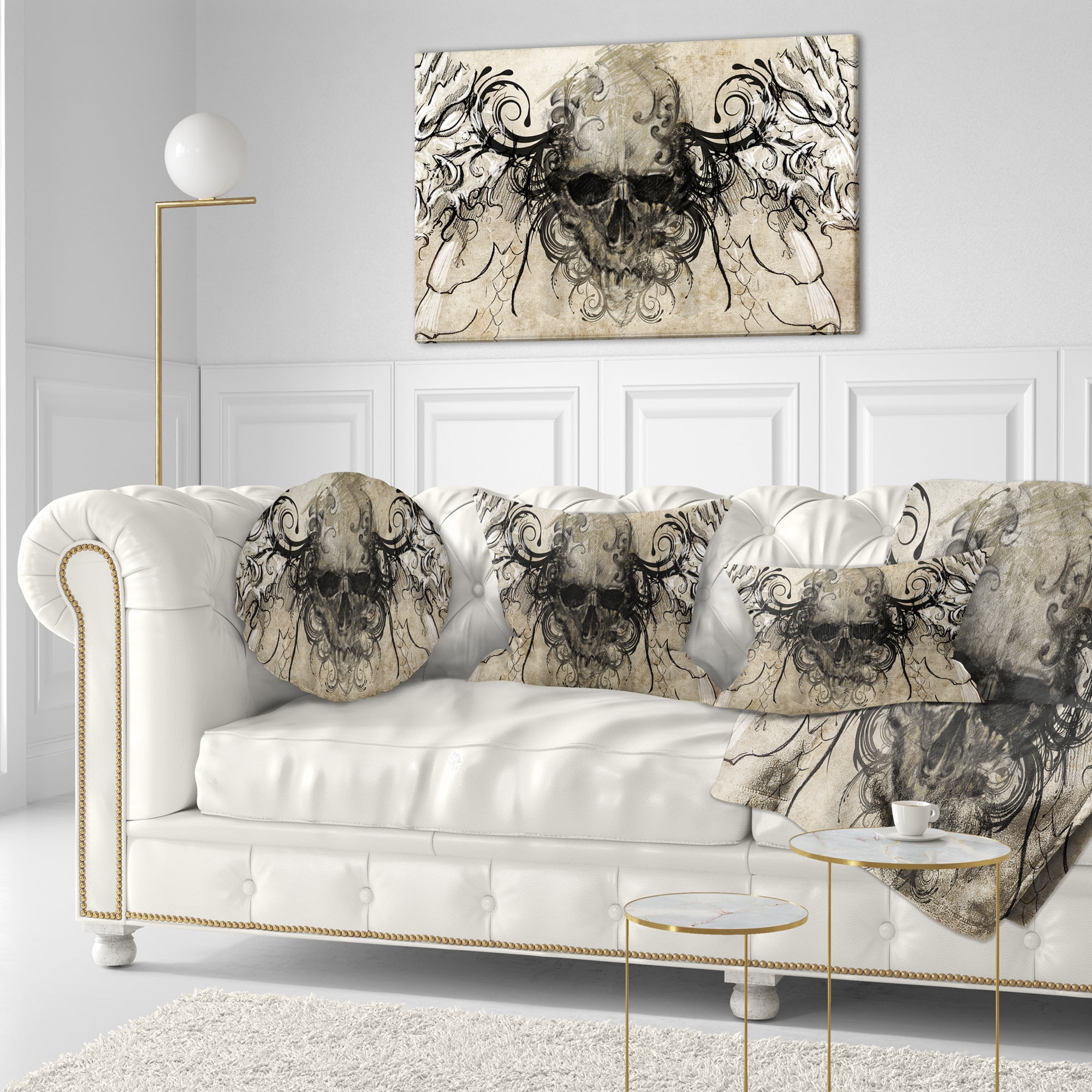 Designart Human Skull Tattoo Sketch - Abstract Throw Pillow - 12x20