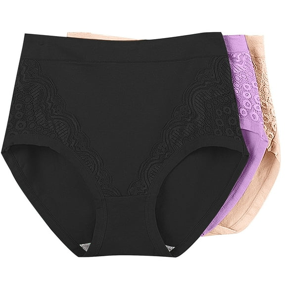Fewfanhot 3-Pack Women Plus Size High Waist Lace Patchwork Briefs, Cotton Lined Leak-Proof Panties Stretch Underwear for Daily & Period Use, Multicolor XL-6XL