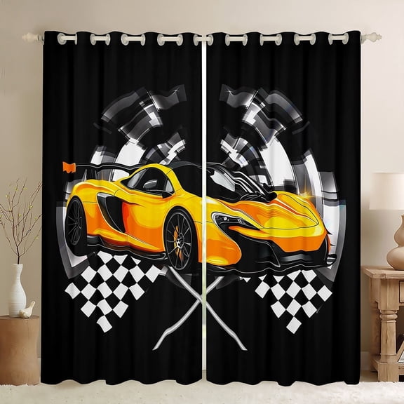 Feelyou Boys Racing Car Black Out Curtains, Orange Automobile Sports Curtains Pack of 2 (42x63 Each), Checkered Flag Bedroom Curtains, Curtains and Drapes Home Decor