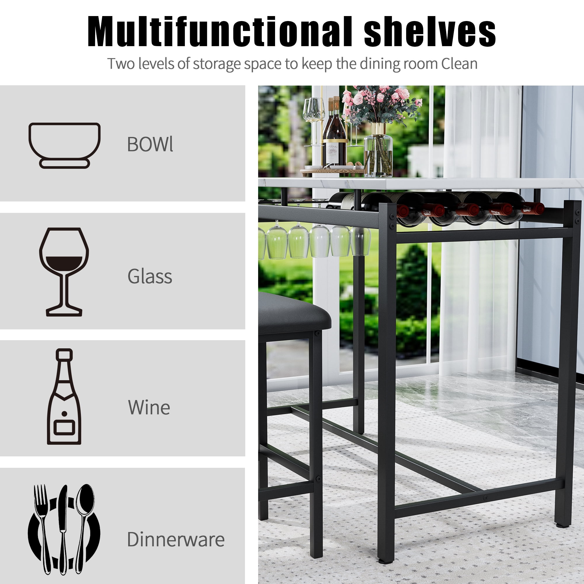 Aukfa Bar Dining Table Set&nbsp;for 2, Kitchen Table Set w/ Wine Rack &Upholstered Chairs for Small Spaces, Black