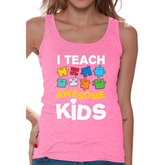Awkward Styles Women's Autism Awareness Puzzle Graphic Tank Tops I Teach Awesome Kids