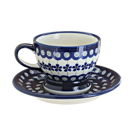 

Blue Rose Polish Pottery Flowering Peacock Pedestal Cup & Saucer