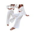 thumbnail image 4 of Blotona Women 2Pcs Outfit Solid Color Deep V-Neck Knotted Long Sleeve Tops + High-Rise Loose Pants Set for Ladies, 4 of 8