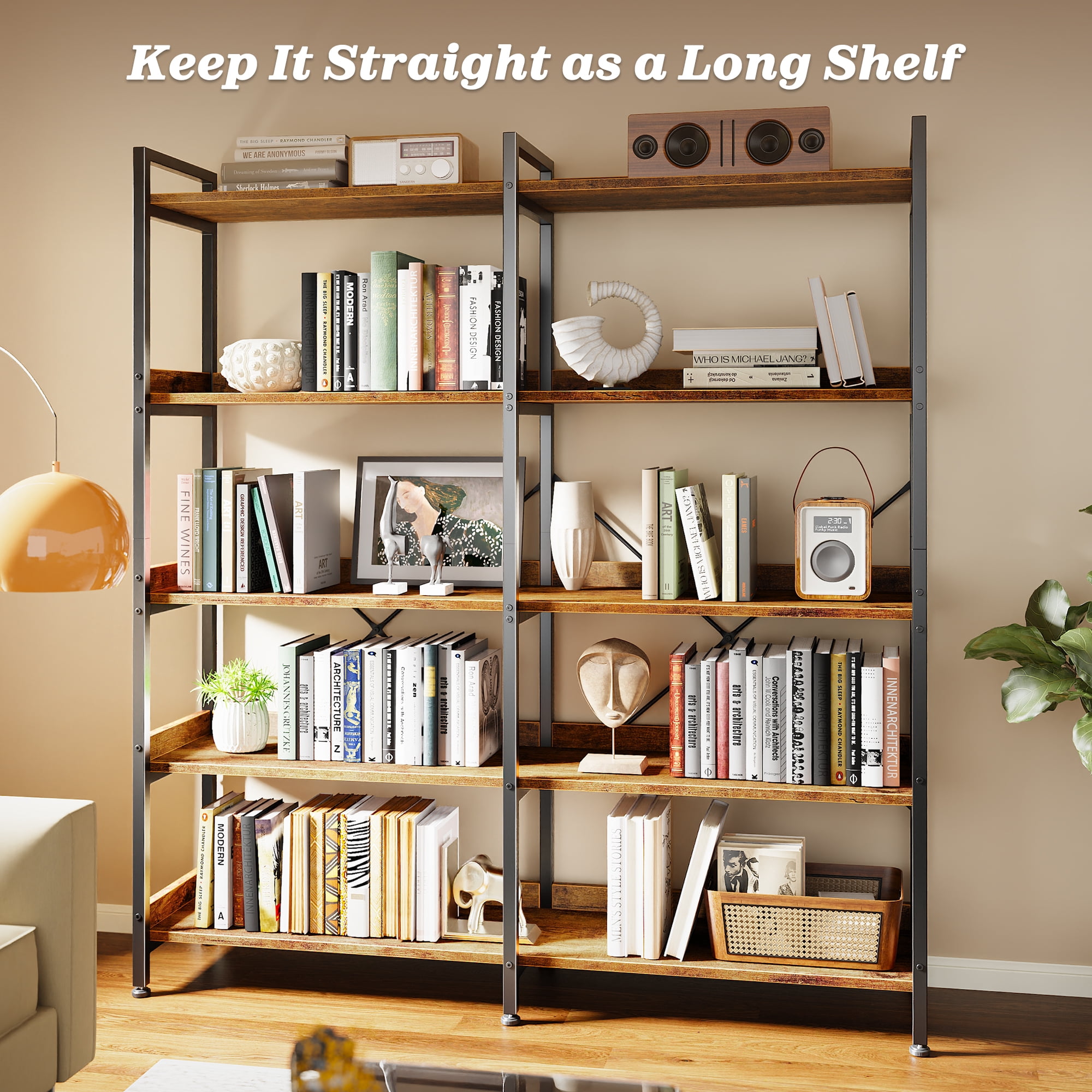 Amadwell 5-Tier Bookshelf with 10 Open Shelves, 47" Freestanding Bookcase, Sturdy Metal Frame, for Living Room, Brown