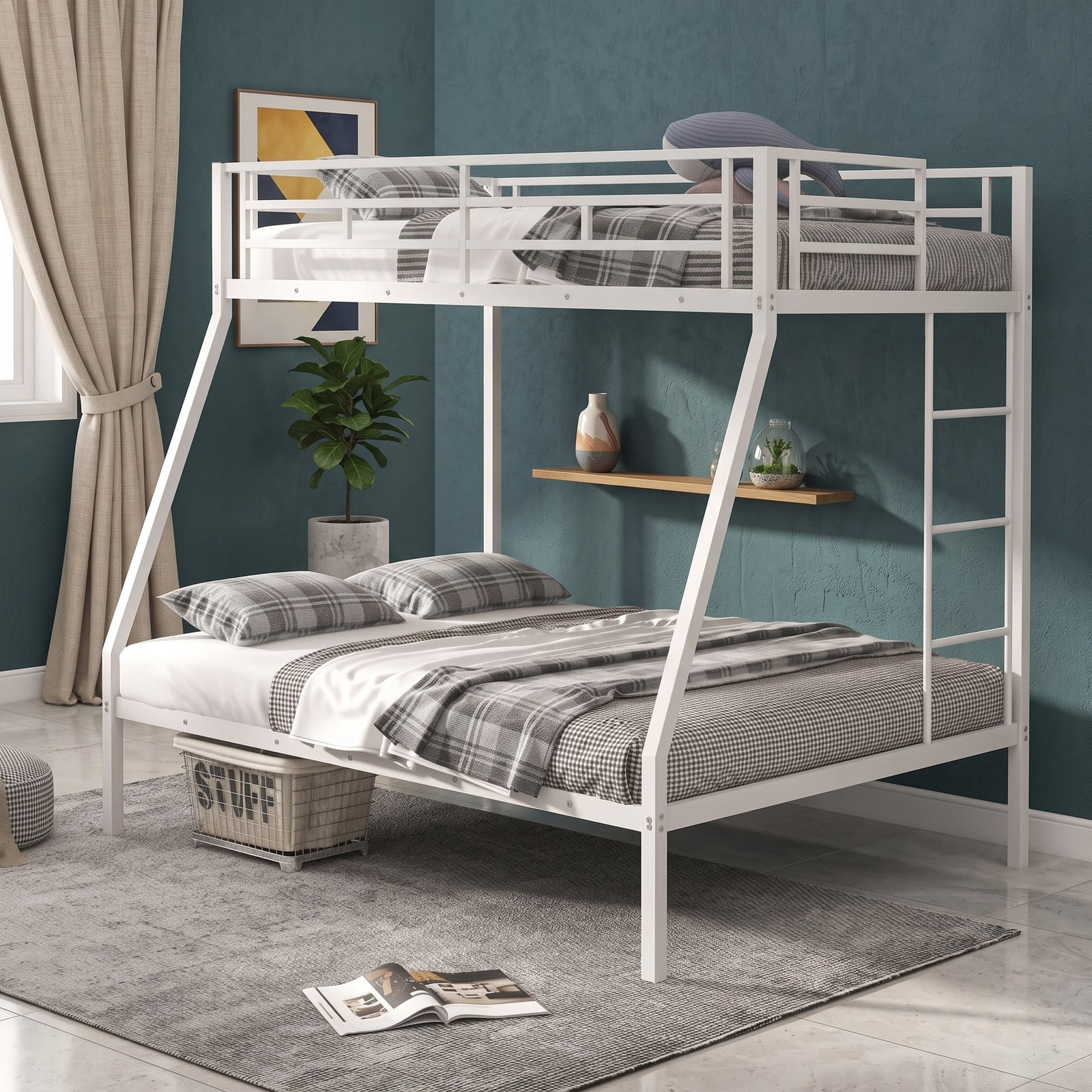 Furnibear Twin Over Full Metal Bunk Bed Frame with Ladder and Safety Guardrails for Kids Teens Dorm and Guest Bedroom , White
