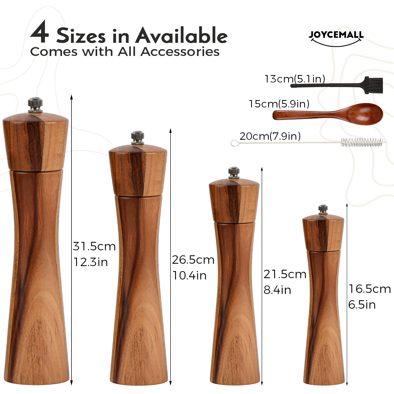 6.5 inch Wood Salt and Pepper Grinder Set, JOYCEMALL Set of 6 Manual Salt and Pepper Grinder with Ceramic Grinding Rotor - Pepper and Salt Mill, Wooden Standing Tray, 2 Cleaning brushes, Spoon