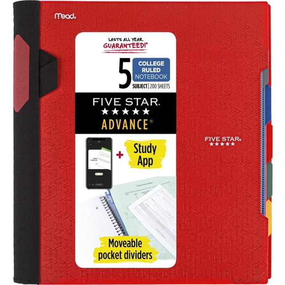 Cuaderno Five Star, 5 asignaturas, con líneas universitarias, 200 hojas, color rojo