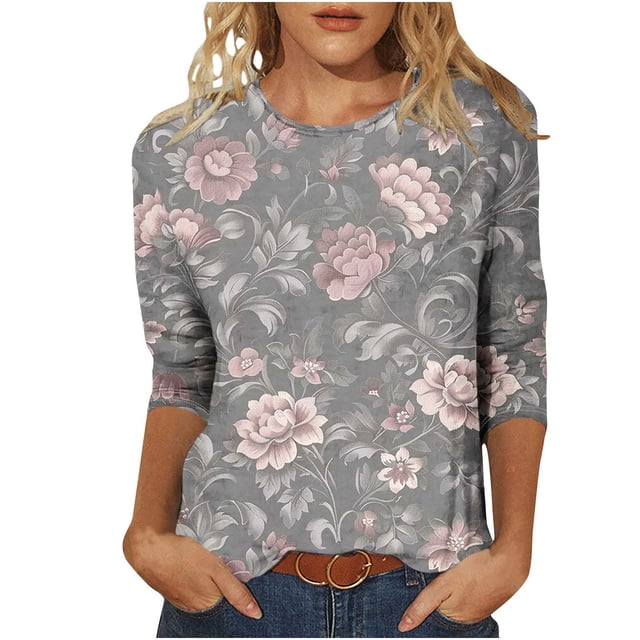 Tnhcen Hauts Graphiques Basiques à Manches 7/8 et Col Rond Imprimé Vintage pour Femmes - Chemises d'Automne Amicales Grande Taille P-5TG