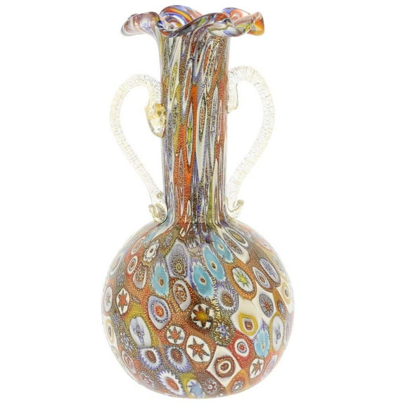 GlassOfVenice Murano Glass Golden Quilt Millefiori Vase With Handles