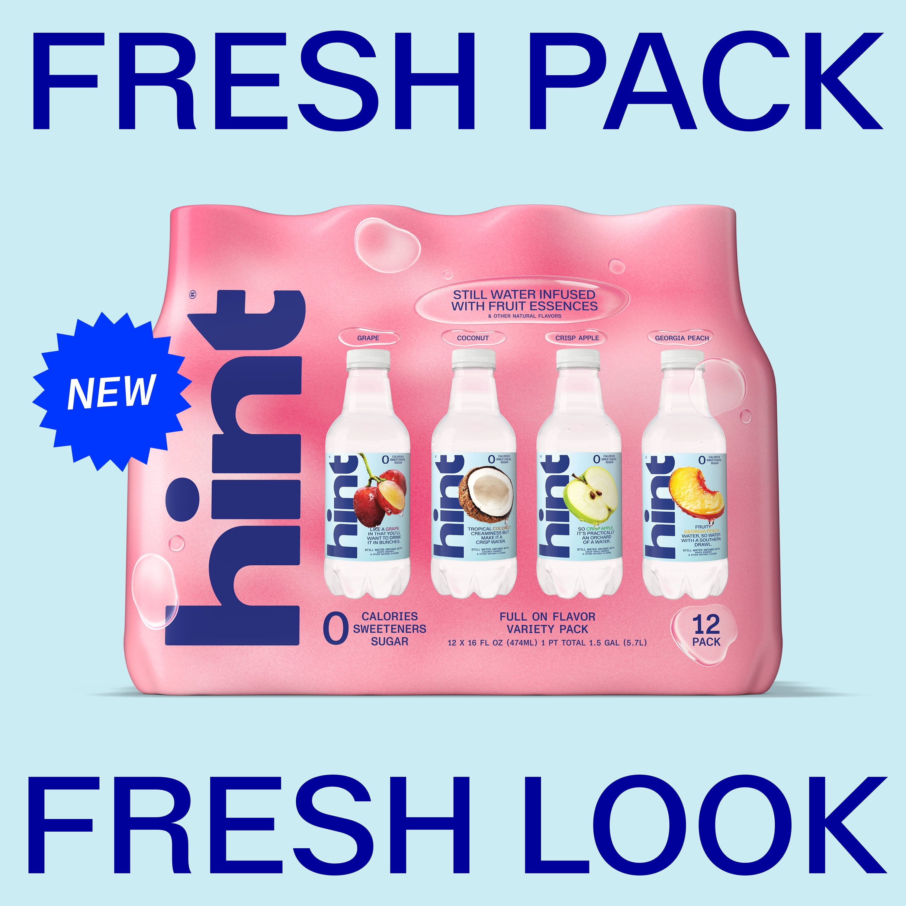 Hint Full on Flavor 4-Flavor Variety Pack Flavored Water V2, 16 fl oz, 12 Pack Plastic Bottles