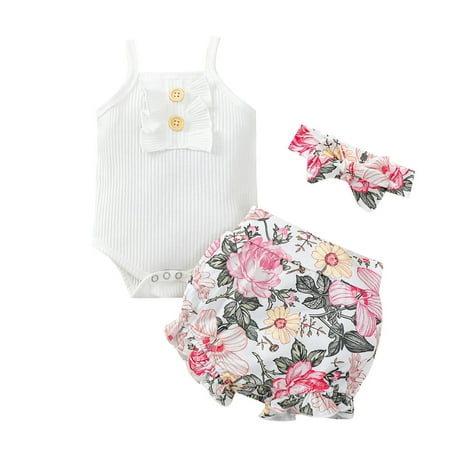 

ZMHEGW Toddler Outfits For Girl Baby Ruffle Floral Ribbed Romper Shorts Set