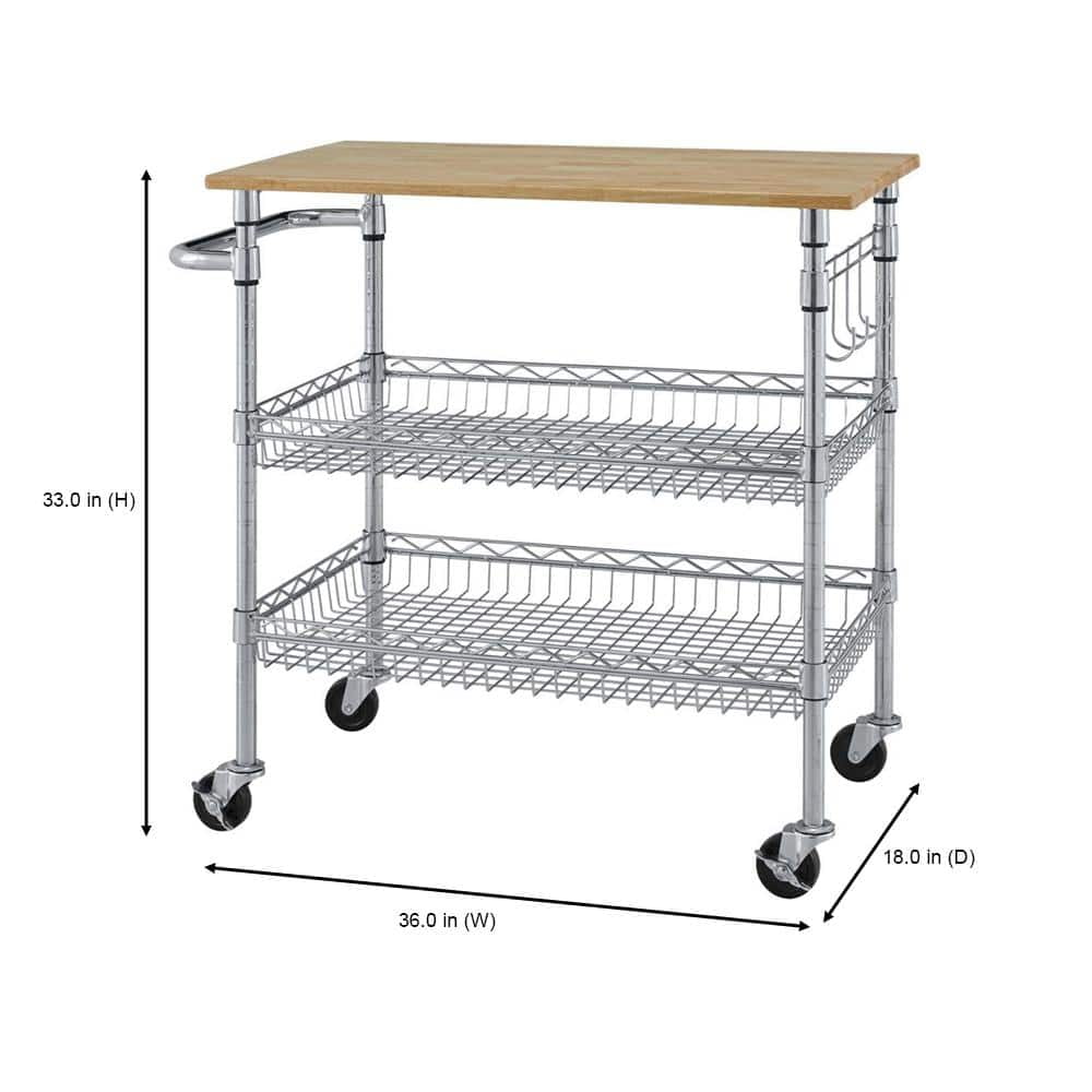 Gatefield Chrome Metal Rolling Kitchen Microwave Cart with Natural Wood