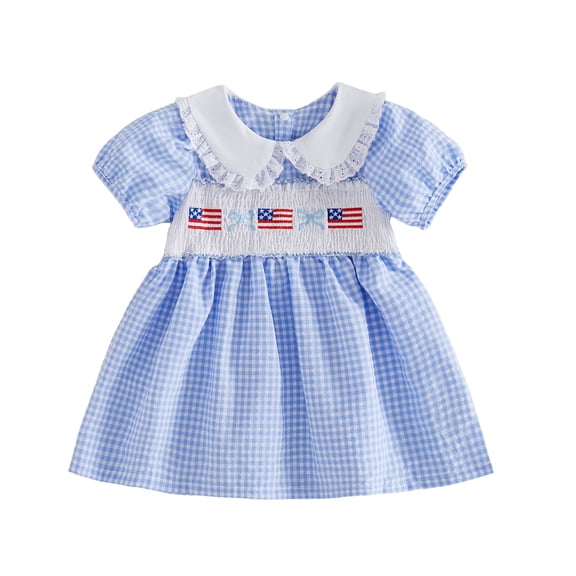 BemeyourBBs Kids Toddler Baby Girl 4th of July Dress Outfit Patriot Independent Day Clothes Little Baby Girl Summer Smocked Dress Bow American Flag Embroidery Short Sleeve Doll Collar Plaid Dress