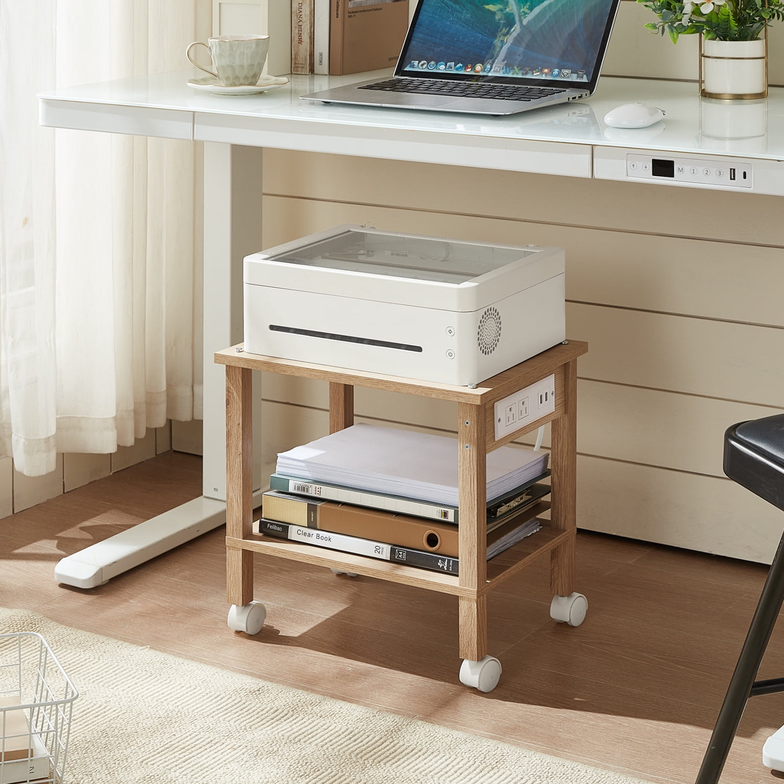 Leyaoya 2-Tier Printer Stand with Charging Station, Under Desk Organizer with Storage Shelves for Home Office, Natural Oak