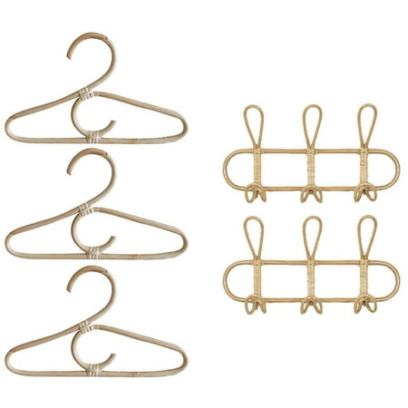 

3Pcs Rattan Clothes Hanger Style Kids Garments Organizer Rack with 2Pcs Rattan Wall Hooks Clothes Hat Hanging Hook