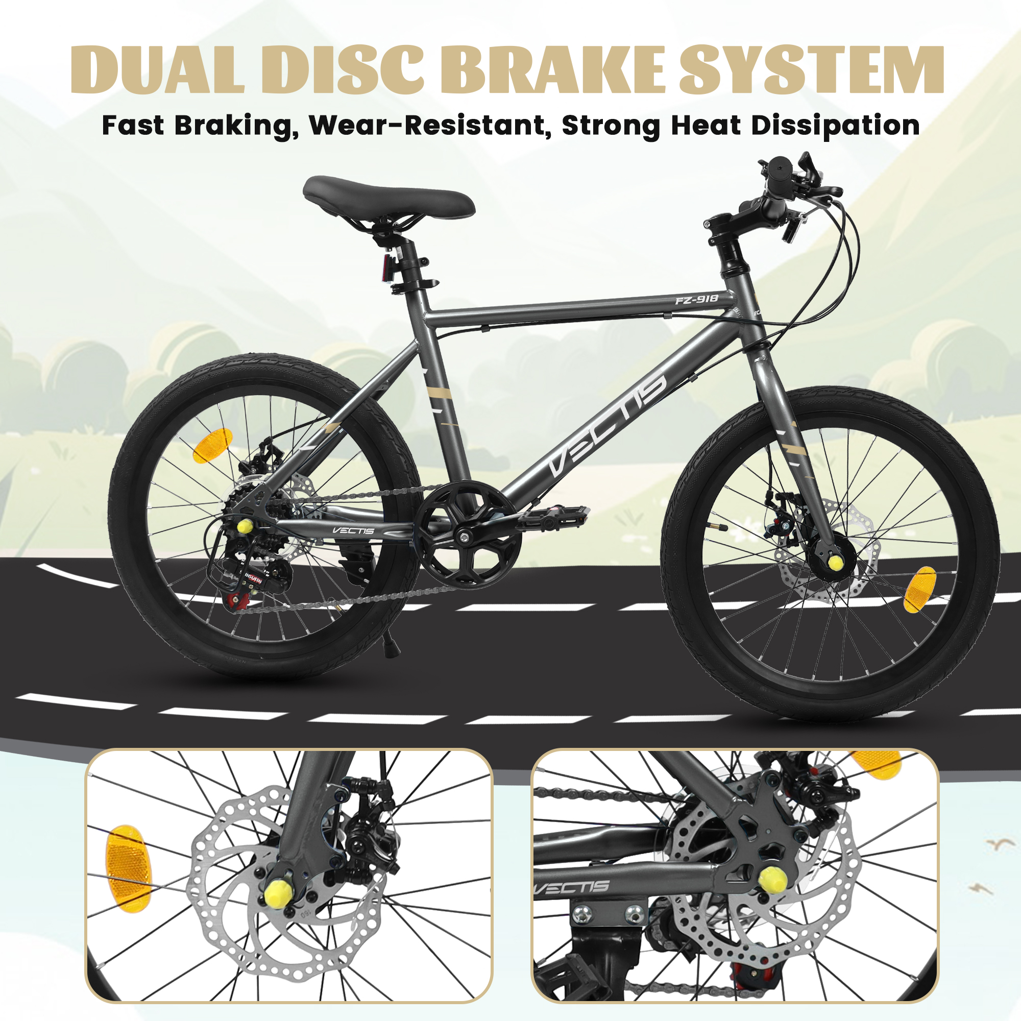 Aukfa 20" Kids Bike for Boys Girls,7-Speed Steel Frame,Dual Disc Brakes,Black