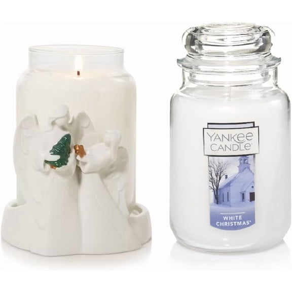 Yankee Candle White Christmas Large Classic Jar Candle with a White Angels Porcelain Holiday Large Jar Candle Holder 2pc Set