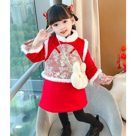 

Toddler Traditional New Year Long Sleeve Floral Printed Button Furry Vest and Dress with Bunny Bag Girl Winter Outfits