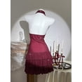 thumbnail image 2 of Burgundy Metallic Glitter Draped Neck Backless Ruffle Hem Bodycon Mini Dress For Women, 2 of 8