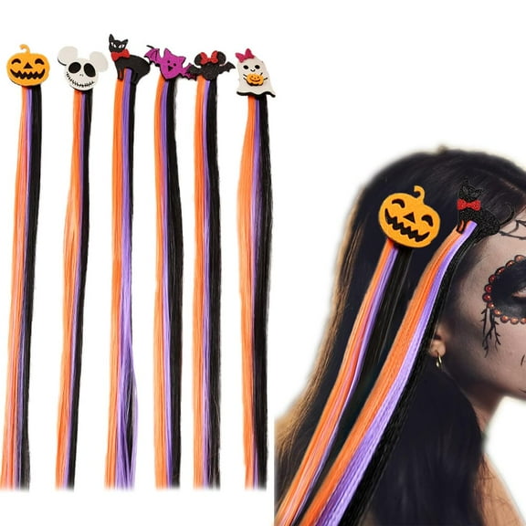 6Pcs Halloween Wig Hair Clips, 15.7 inch Hairpins with Glitter Cute Ghost Black Cat Bat Pumpkin Clip in Hair Extensions, Colorful Hair Accessories Decoration for Women Kids Girls Cosplay