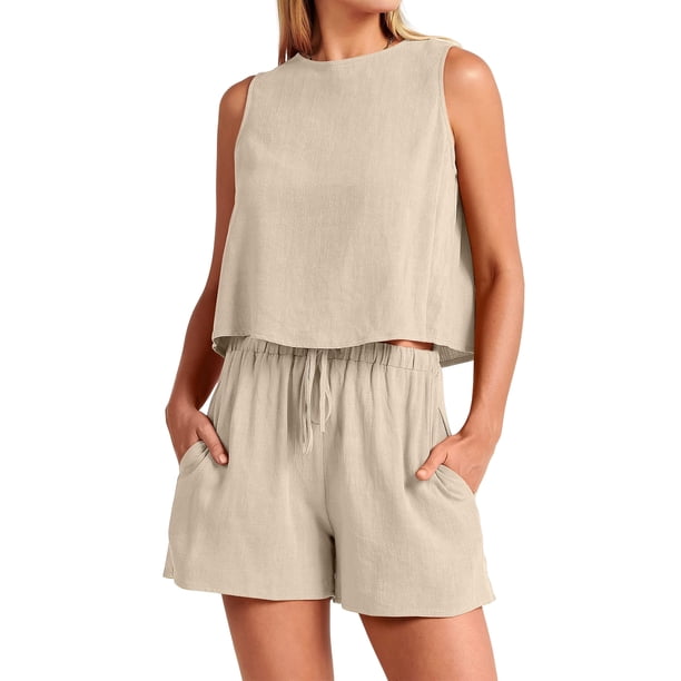 Conjuntos Cortos Sin Mangas Top sin mangas para mujer Conjuntos cortos Botón Suelto Moda Simple Sólido (Beige S) Cgtredaw Para estrenar